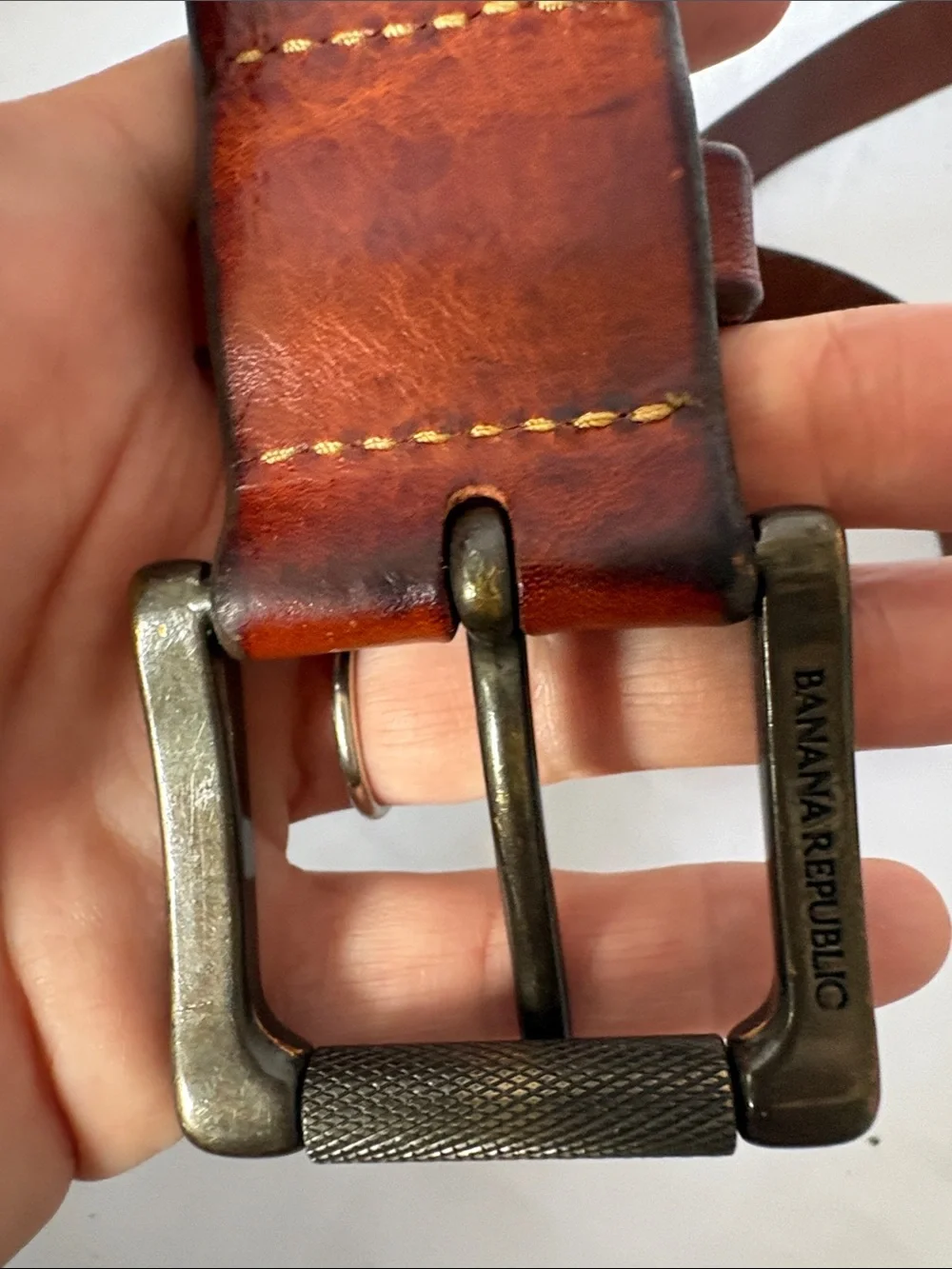 Banana Republic Men's Brown Leather Belt with Brushed Metal Buckle